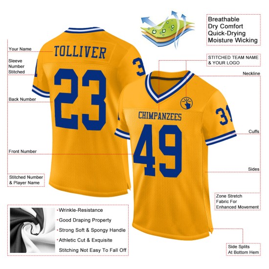 Maillot de football rétro authentique Royal-White Custom Gold Mesh Maillot de football rétro authentique Royal-White Custom Gold Mesh