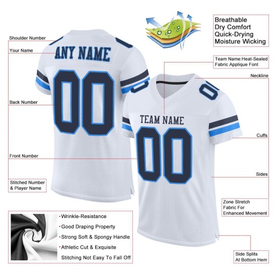 Maillot blanc bleu marine et poudre de football, maille authentique personnalisée Maillot blanc bleu marine et poudre de football, maille authentique personnalisée