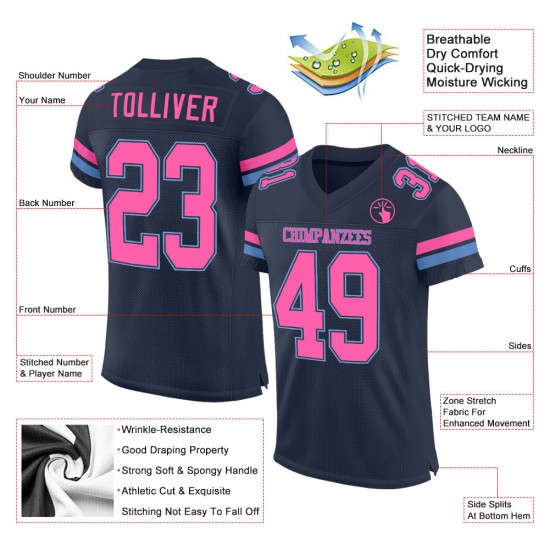 Maillot de football bleu marine rose clair personnalisé en maille authentique Maillot de football bleu marine rose clair personnalisé en maille authentique