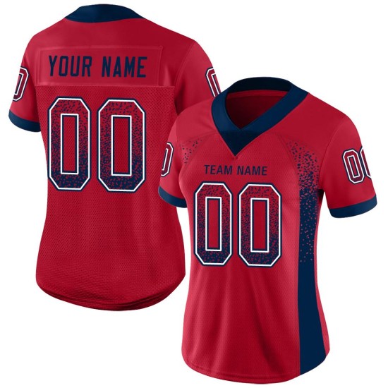 Maillot de football personnalisé en maille rouge Drift, bleu marine et blanc Maillot de football personnalisé en maille rouge Drift, bleu marine et blanc