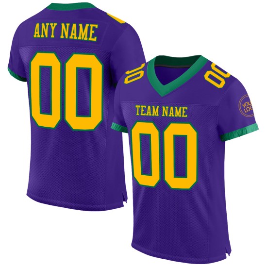 Maillot de football personnalisé en maille violette authentique Green Gold-Kelly Maillot de football personnalisé en maille violette authentique Green Gold-Kelly