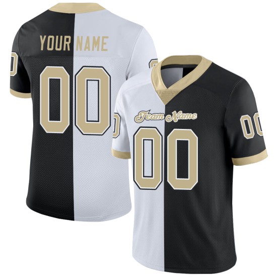 Maillot de football en maille noir fendu personnalisé à la mode Vegas or-blanc Maillot de football en maille noir fendu personnalisé à la mode Vegas or-blanc