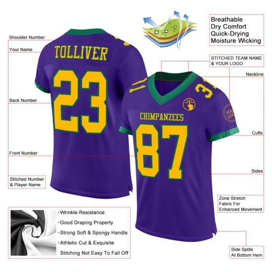 Maillot de football personnalisé en maille violette authentique Green Gold-Kelly Maillot de football personnalisé en maille violette authentique Green Gold-Kelly
