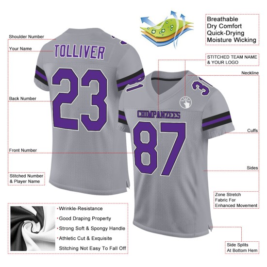 Maillot de football gris authentique personnalisé violet-noir léger Maillot de football gris authentique personnalisé violet-noir léger