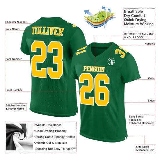 Maillot de football Kelly personnalisé en maille verte authentique, or et blanc Maillot de football Kelly personnalisé en maille verte authentique, or et blanc
