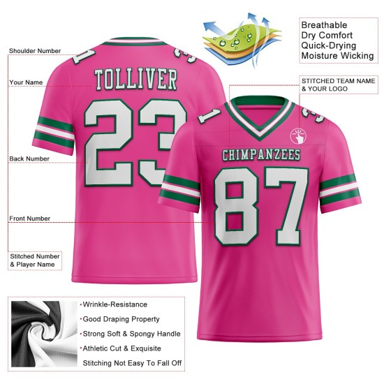 Maillot de football vert authentique blanc-Kelly personnalisé en maille rose Maillot de football vert authentique blanc-Kelly personnalisé en maille rose