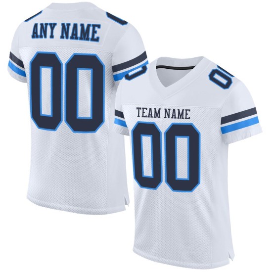 Maillot blanc bleu marine et poudre de football, maille authentique personnalisée Maillot blanc bleu marine et poudre de football, maille authentique personnalisée