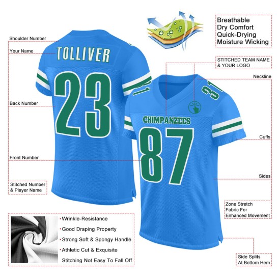 Maillot de football bleu personnalisé vert-blanc Kelly Powder Mesh authentique Maillot de football bleu personnalisé vert-blanc Kelly Powder Mesh authentique