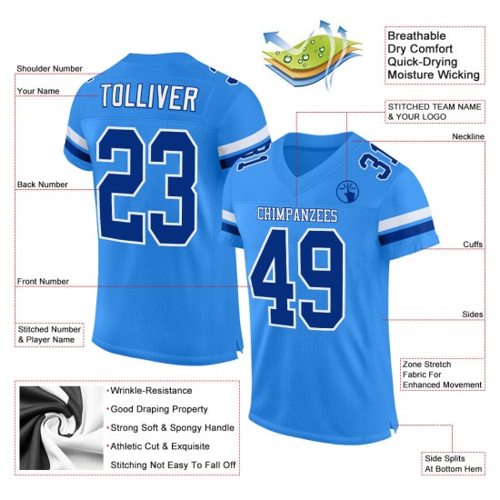Maillot de football personnalisé en maille poudre bleu royal-blanc authentique Maillot de football personnalisé en maille poudre bleu royal-blanc authentique