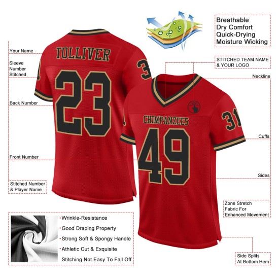 Maillot de football rouge authentique, noir et rétro, en maille dorée, personnalisé Maillot de football rouge authentique, noir et rétro, en maille dorée, personnalisé