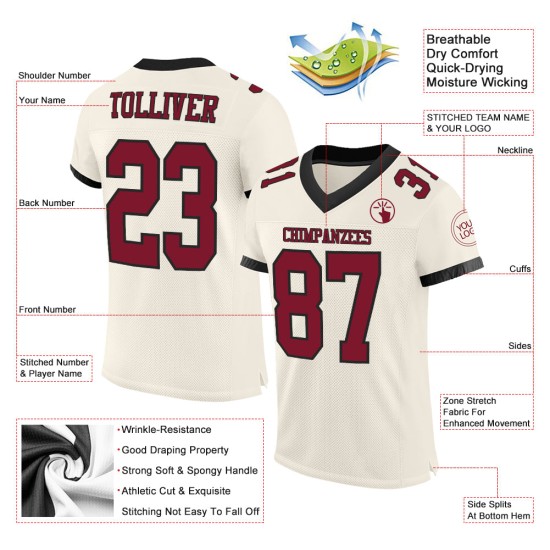 Maillot de football authentique en maille crème, couleur cramoisie et noir, personnalisé Maillot de football authentique en maille crème, couleur cramoisie et noir, personnalisé