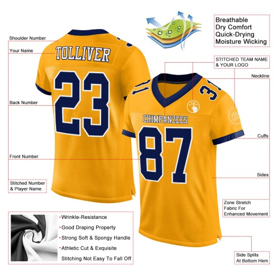 Maillot de football personnalisé authentique en maille dorée, bleu marine et blanc Maillot de football personnalisé authentique en maille dorée, bleu marine et blanc