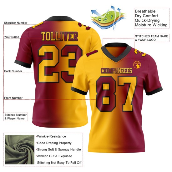 Maillot de football personnalisé en maille authentique à dégradé or-noir et marron Maillot de football personnalisé en maille authentique à dégradé or-noir et marron