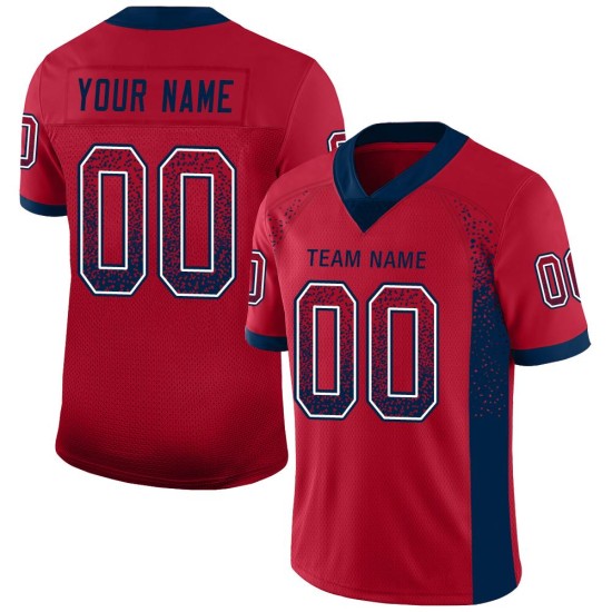 Maillot de football personnalisé en maille rouge Drift, bleu marine et blanc Maillot de football personnalisé en maille rouge Drift, bleu marine et blanc