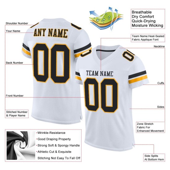 Maillot de football authentique blanc noir et doré en maille personnalisée Maillot de football authentique blanc noir et doré en maille personnalisée