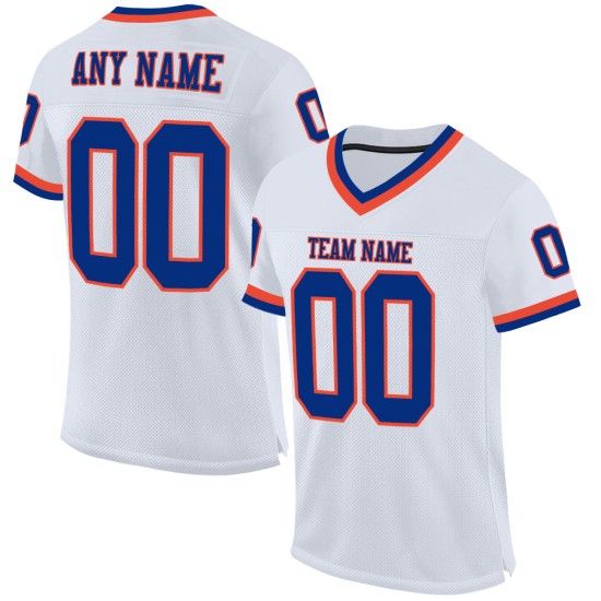 Maillot de football rétro Royal-Orange authentique blanc personnalisé en maille Maillot de football rétro Royal-Orange authentique blanc personnalisé en maille