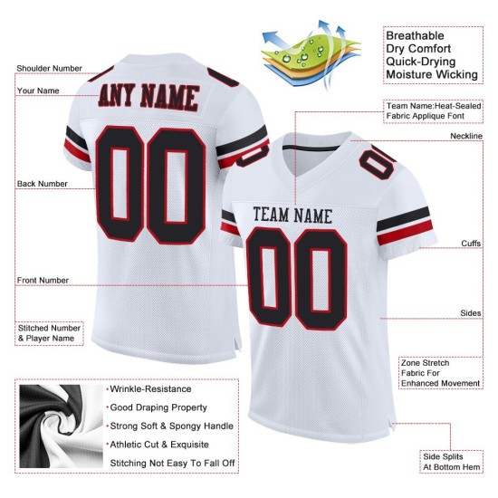 Maillot de football blanc en maille noir et rouge personnalisé authentique Maillot de football blanc en maille noir et rouge personnalisé authentique