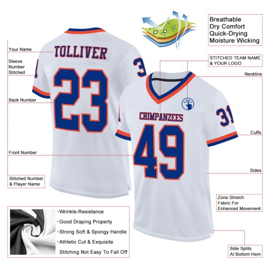 Maillot de football rétro Royal-Orange authentique blanc personnalisé en maille Maillot de football rétro Royal-Orange authentique blanc personnalisé en maille