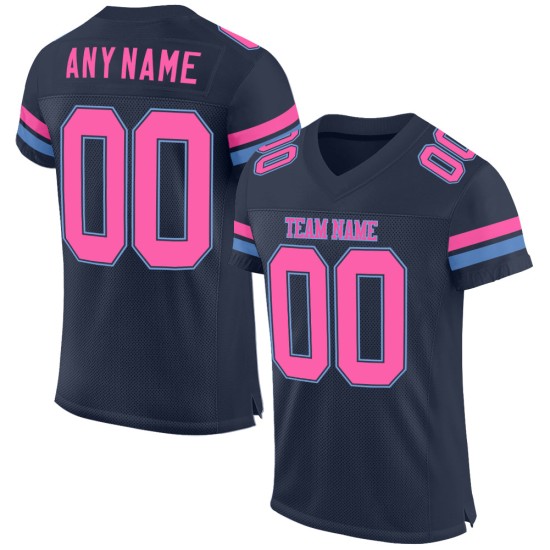 Maillot de football bleu marine rose clair personnalisé en maille authentique Maillot de football bleu marine rose clair personnalisé en maille authentique
