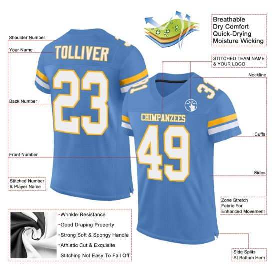 Maillot de football authentique personnalisé en maille blanc-or bleu clair Maillot de football authentique personnalisé en maille blanc-or bleu clair